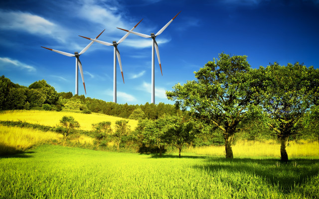 Wind turbines tree sky field free wallpaper for desktop - medium preview image
