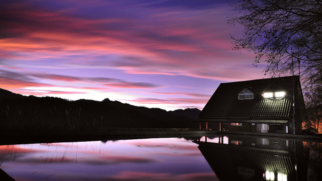 House lake purple sky clouds free wallpaper for desktop - medium preview image