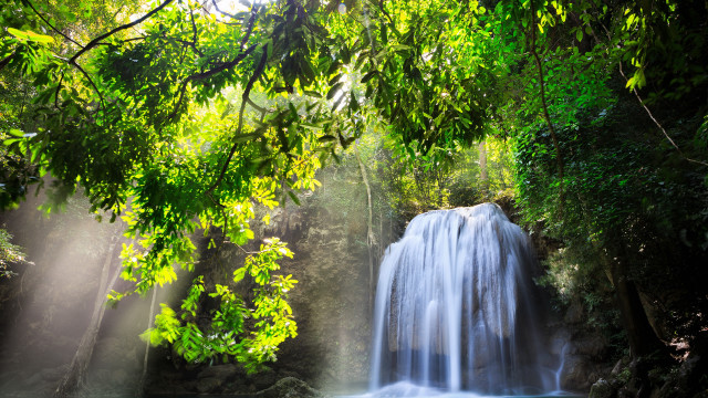 Waterfall sunlight trees forest nature free wallpaper for desktop - medium preview image