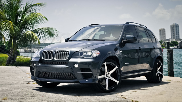 Black bmw suv road water free wallpaper for desktop - medium preview image