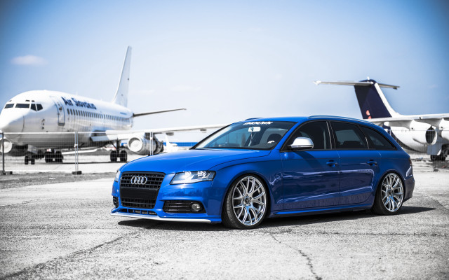 Blue car jet airplane runway free wallpaper for desktop - medium preview image