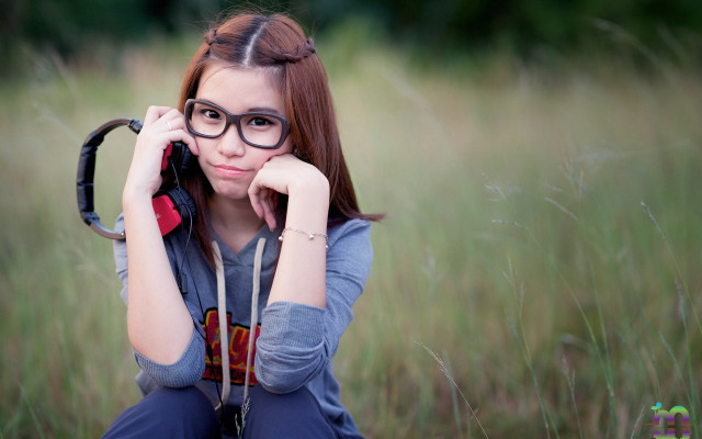 Girl glasses field cellphone outdoors free wallpaper for desktop - medium preview image