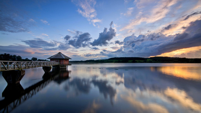 Bridge lake sunset hut clouds free wallpaper for desktop - medium preview image