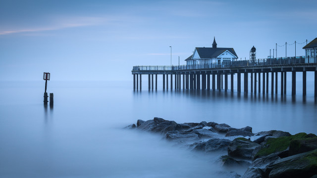 Long pier lighthouse fog mountain free wallpaper for desktop - medium preview image