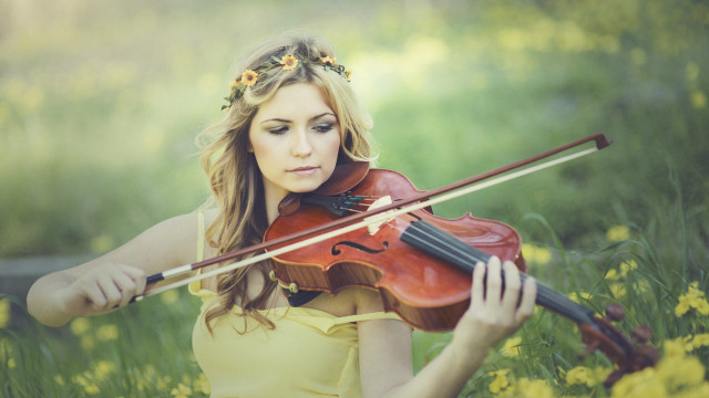 Yellow dress woman flowers violin free wallpaper for desktop - medium preview image