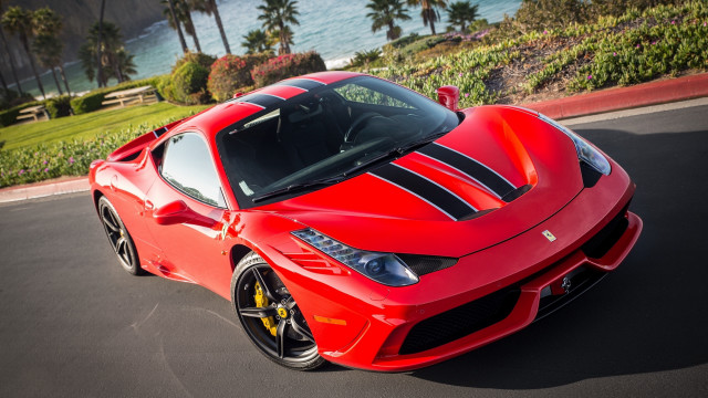 Red sports car beach palm free wallpaper for desktop - medium preview image