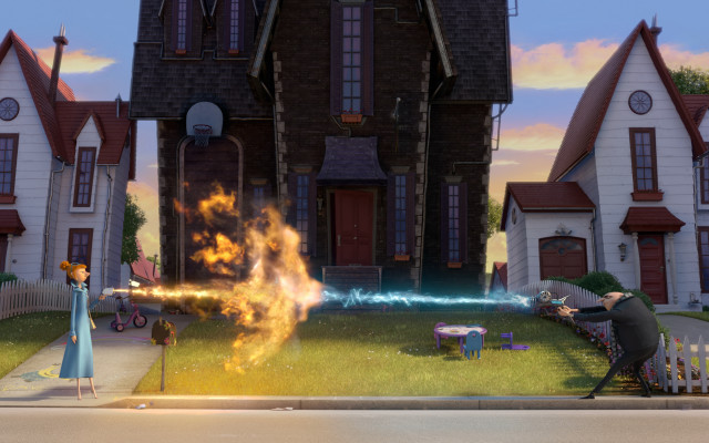Fire hydrant shooting house woman free wallpaper for desktop - medium preview image