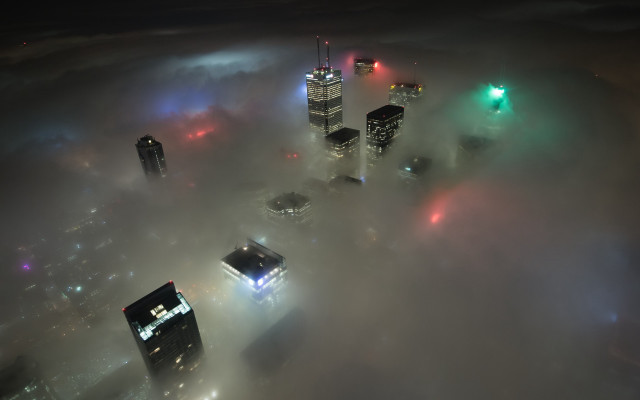 Foggy night cityscape lights skyscraper free wallpaper for desktop - medium preview image