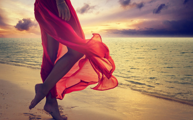 Woman red dress beach sunset #2 free wallpaper for desktop - medium preview image