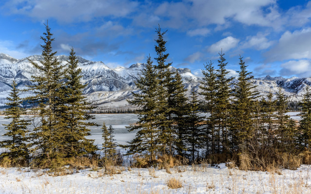 Snowy landscape trees mountains lake free wallpaper for desktop - medium preview image