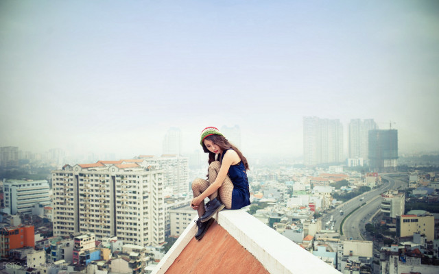 Rooftop skateboard cityscape eastasian architecture free wallpaper for desktop - medium preview image