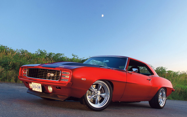 Red car parked road field #2 free wallpaper for desktop - medium preview image