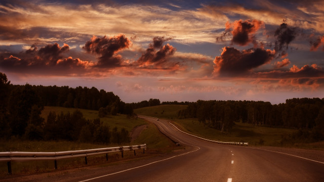Sunset road clouds trees truck free wallpaper for desktop - medium preview image
