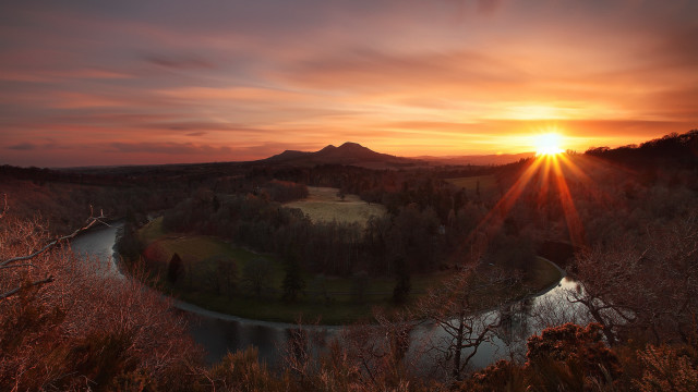 Sunset river mountains trees grass free wallpaper for desktop - medium preview image
