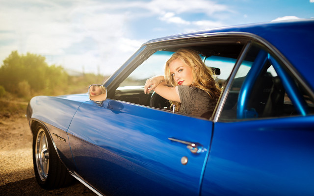 Woman bluecar beach driving solo free wallpaper for desktop - medium preview image