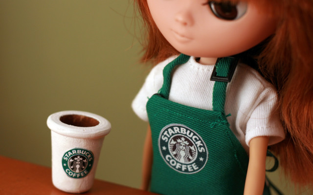 Doll starbucks coffee table hyperrealism free wallpaper for desktop - medium preview image