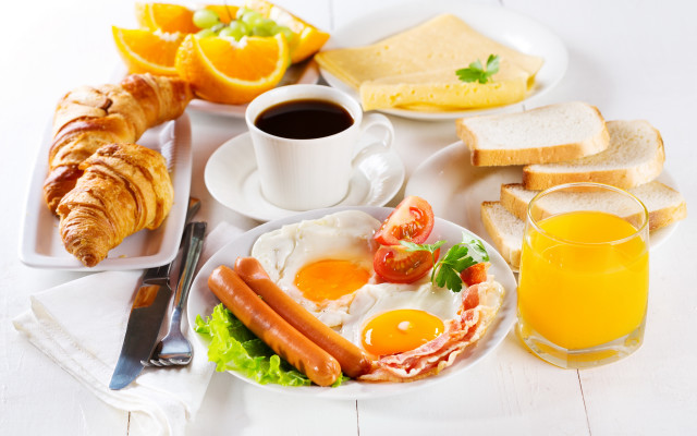 Breakfast eggs sausages bread orangejuice free wallpaper for desktop - medium preview image