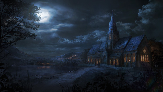 Gothic church fullmoon night clouds free wallpaper for desktop - medium preview image