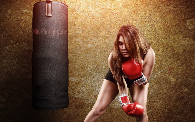 Woman boxing gloves pose punchingbag free wallpaper for desktop - medium preview image