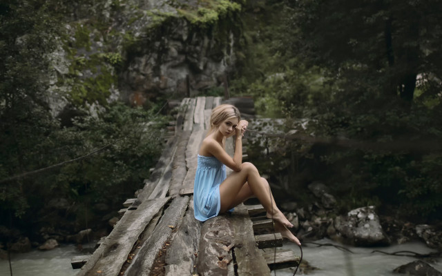 Woman bridge river blue dress free wallpaper for desktop - medium preview image