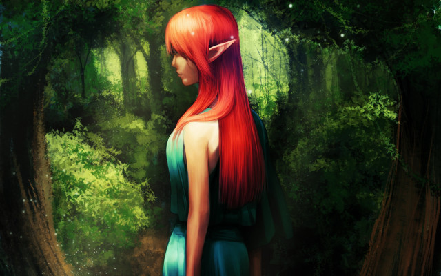 Red haired elf forest night free wallpaper for desktop - medium preview image
