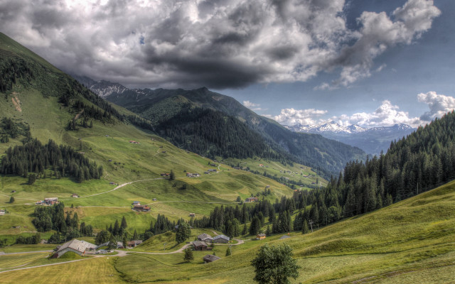 Valley mountain cloudy sky houses free wallpaper for desktop - medium preview image