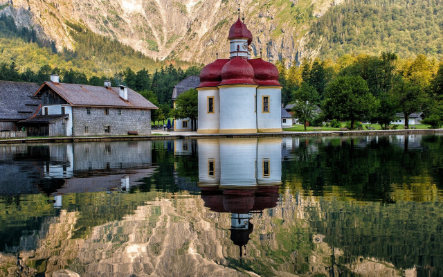 Small church lake mountains reflection free wallpaper for desktop - medium preview image