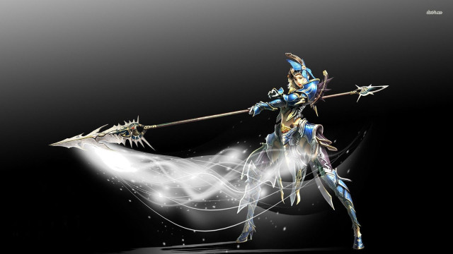 Woman blue outfit sword arrow free wallpaper for desktop - medium preview image
