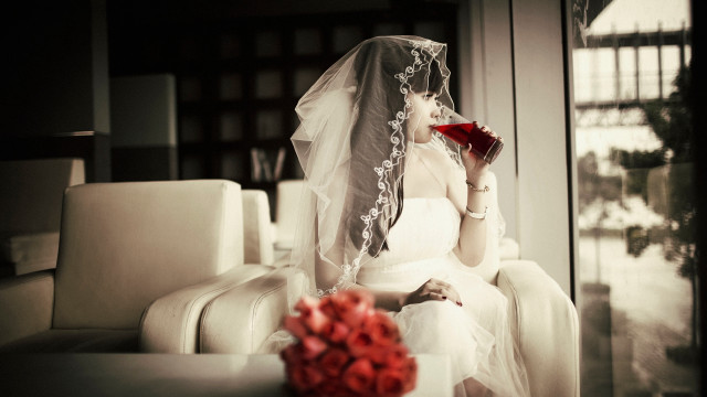 Wedding dress woman sitting wine free wallpaper for desktop - medium preview image