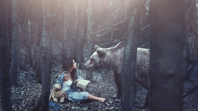 Woman bear forest illustration snow free wallpaper for desktop - medium preview image