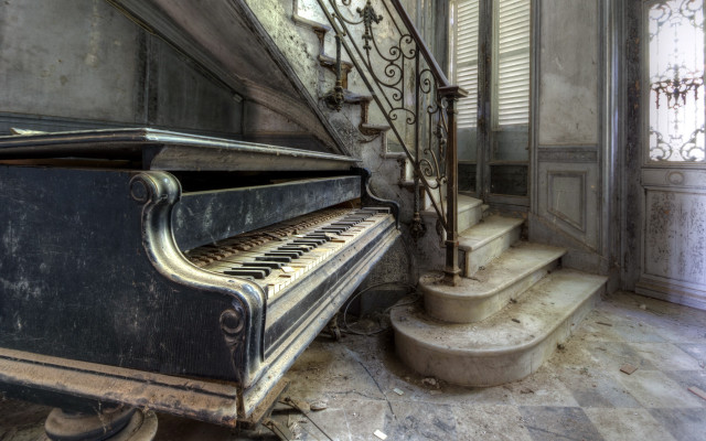 Grand piano room staircase curtained free wallpaper for desktop - medium preview image