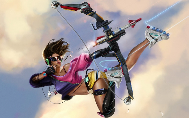 Woman flying kite cyberpunk retrofuturism free wallpaper for desktop - medium preview image