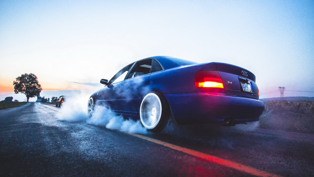 Blue car smoke exhaust road free wallpaper for desktop - medium preview image