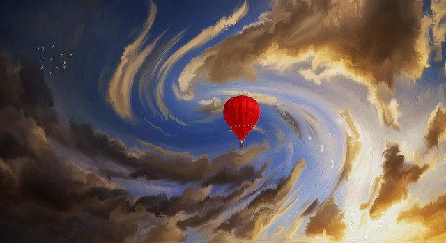 Red balloon cloudy sky birds free wallpaper for desktop - medium preview image