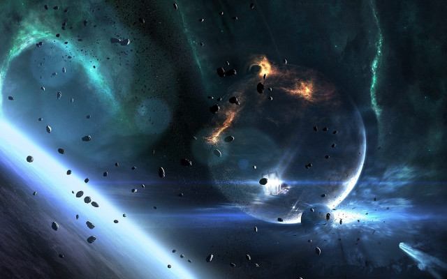 Space planet starcluster mattepainting citylights free wallpaper for desktop - medium preview image