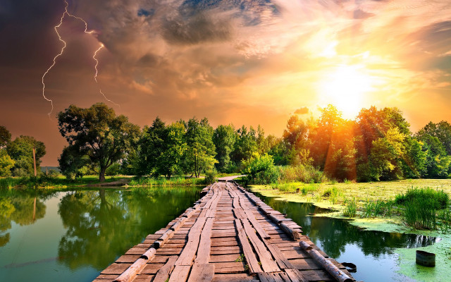 Wooden bridge river lightning sky free wallpaper for desktop - medium preview image