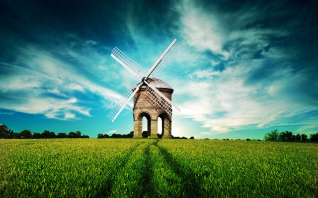 Windmill green field blue sky free wallpaper for desktop - medium preview image