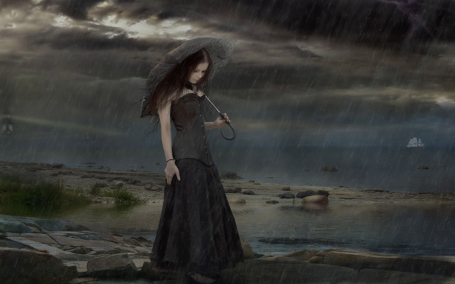Woman dress umbrella rain storm free wallpaper for desktop - medium preview image