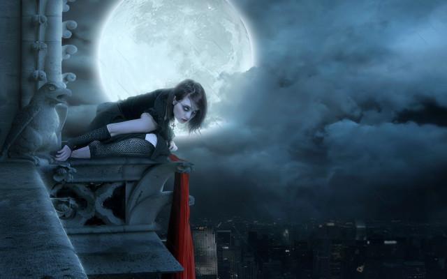 Woman moon city fence gothic free wallpaper for desktop - medium preview image