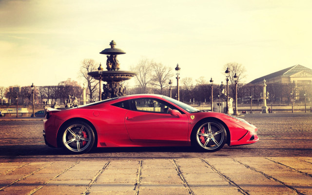 Red sports car fountain park free wallpaper for desktop - medium preview image