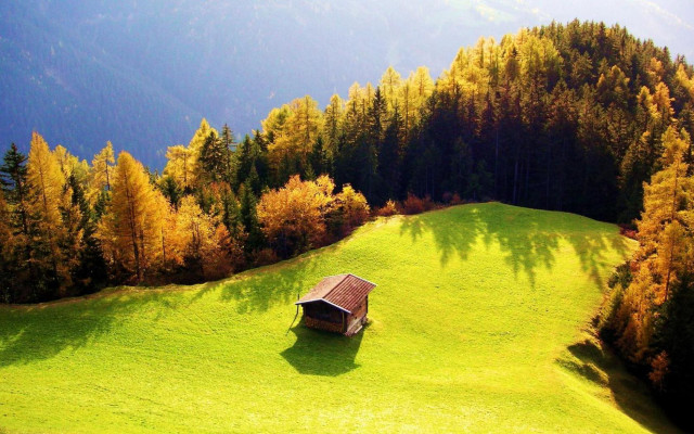 Small cabin field trees mountains #2 free wallpaper for desktop - medium preview image