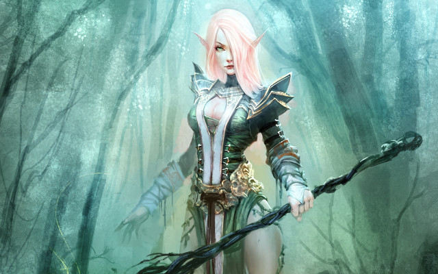 Pink haired elf forest archer free wallpaper for desktop - medium preview image