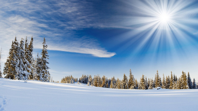 Sunny snowy day mountains ocean free wallpaper for desktop - medium preview image