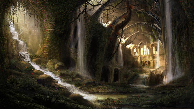 Waterfall cave man bridge fantasy free wallpaper for desktop - medium preview image