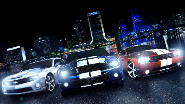 City night cars neon skyline free wallpaper for desktop - medium preview image
