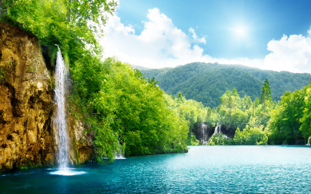 Waterfall lake trees mountains background #3 free wallpaper for desktop - medium preview image