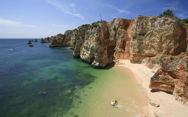 Beach cliff bluewater sunny boat free wallpaper for desktop - medium preview image