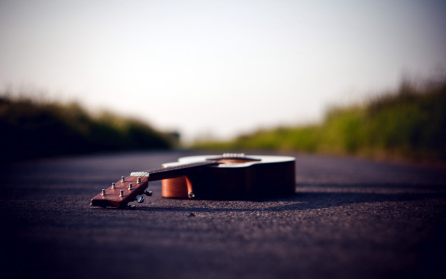 Guitar road trees sky blurry free wallpaper for desktop - medium preview image