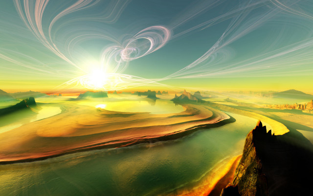 Psychedelic landscape river mountains sunset free wallpaper for desktop - medium preview image