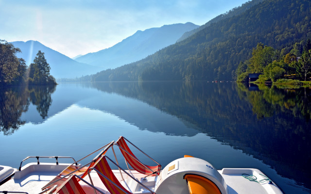 Lake mountains trees boat sunbeam free wallpaper for desktop - medium preview image